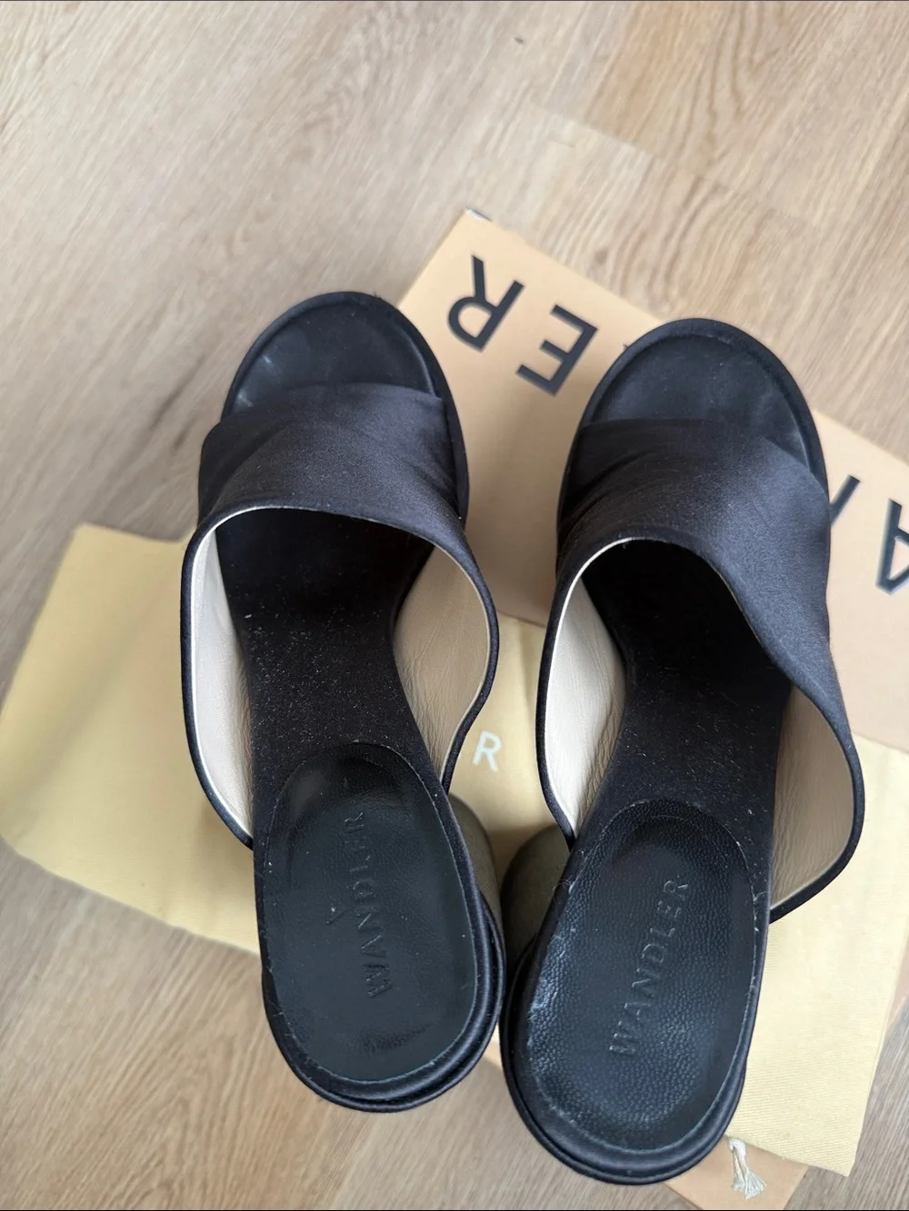 Wandler Black Satin Open-Toe Slide Mules